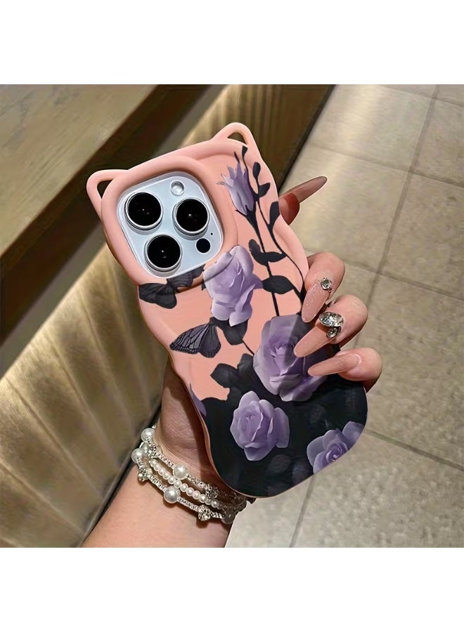 Temu Durable silicone phone case with a pink floral pattern, featuring a cool cat ear design, stylish wavy edges, drop and shock resistant, compatible with iPhone 13 Pro Max