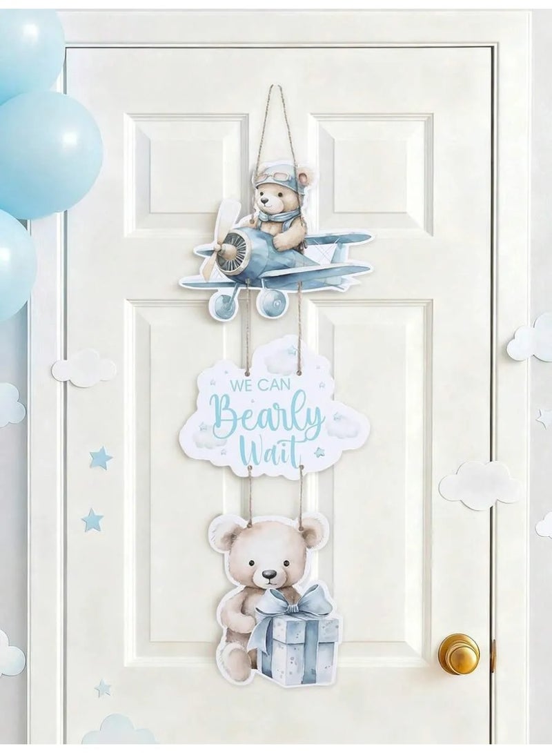 Baby Shower Door Hanging Decoration – “We Can Bearly Wait” Paper Wall Hanging with Cute Teddy Bear & Airplane Design - Image 1