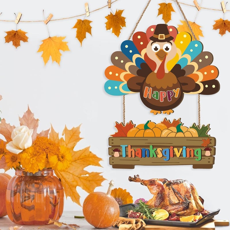 Aurlan Happy Thanksgiving Door Sign,Turkey Door Wreath,Autumn Maple Wall Decoration,Rustic Turkey Shape Wall Hanger,Thanksgiving Harvest Decoration,Fall Wood Plaque for Farmhouse Room Party Porch Home - Image 2