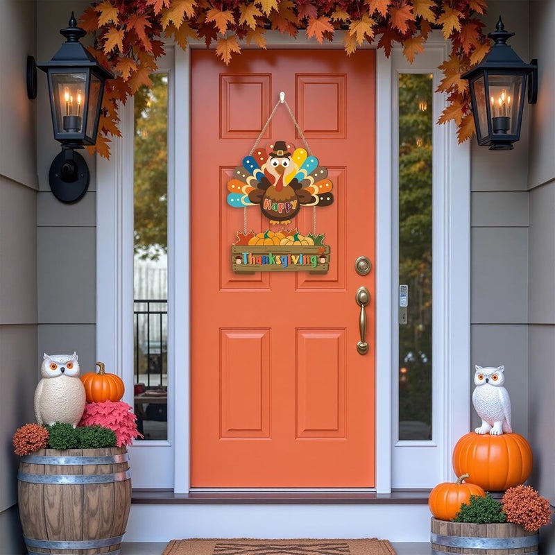Aurlan Happy Thanksgiving Door Sign,Turkey Door Wreath,Autumn Maple Wall Decoration,Rustic Turkey Shape Wall Hanger,Thanksgiving Harvest Decoration,Fall Wood Plaque for Farmhouse Room Party Porch Home - Image 5