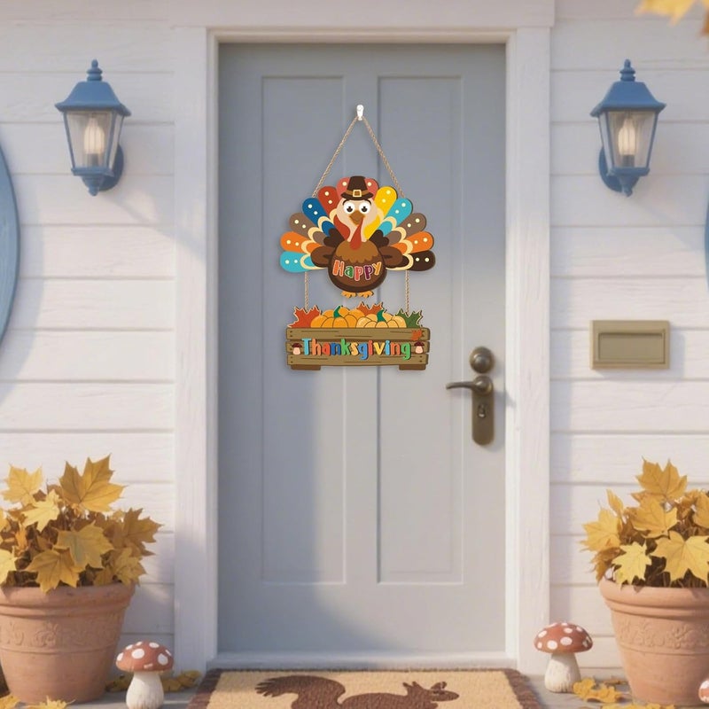 Aurlan Happy Thanksgiving Door Sign,Turkey Door Wreath,Autumn Maple Wall Decoration,Rustic Turkey Shape Wall Hanger,Thanksgiving Harvest Decoration,Fall Wood Plaque for Farmhouse Room Party Porch Home - Image 4