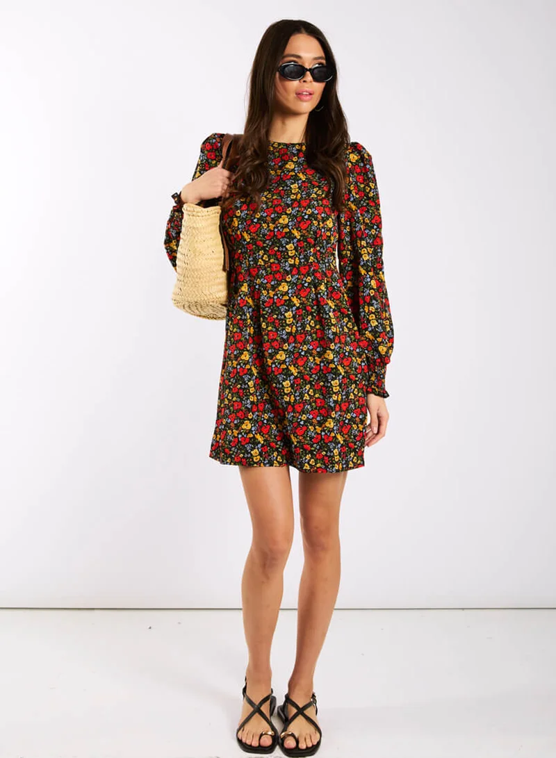 Red Floral Long Sleeve Mini Dress