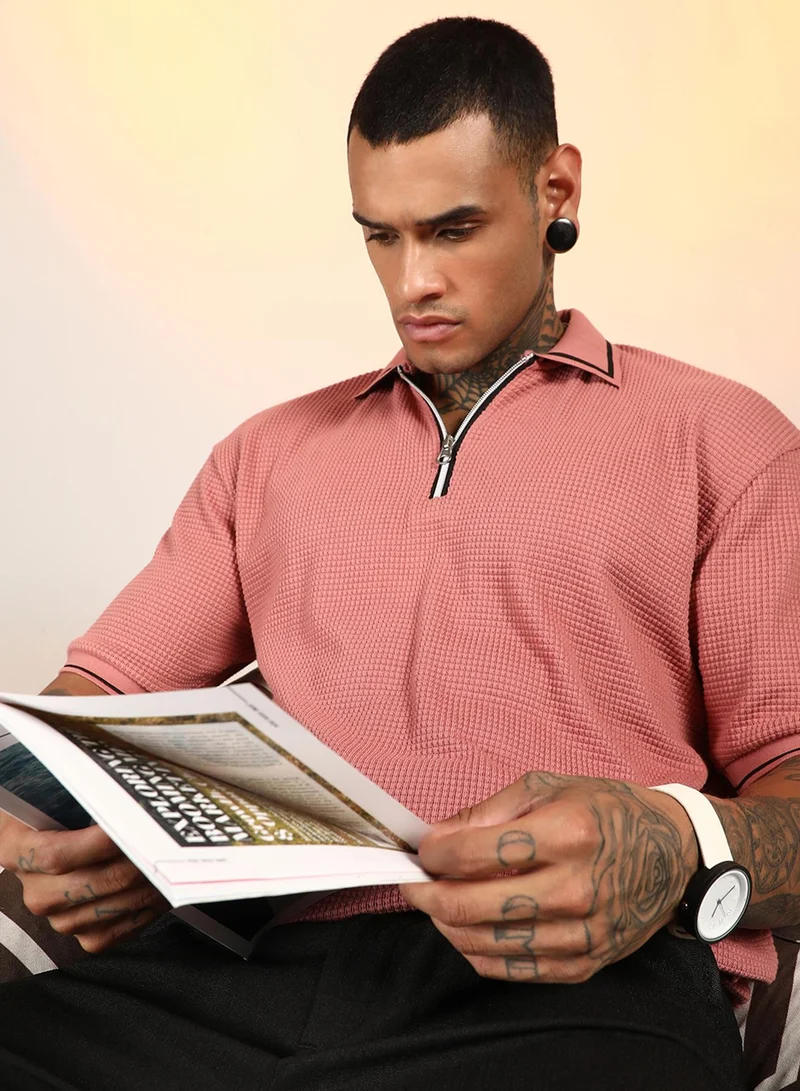 Campus Sutra Men's Salmon Pink Micro-Waffle Polo T-Shirt