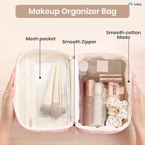 FunBlast Travel Makeup Bag for Women – Cute Cotton Cosmetic Toiletry Organizer, Large Capacity Zipper Pouch, Handheld Portable Storage Bag for Daily Use & Travel (Pink) - Image 4