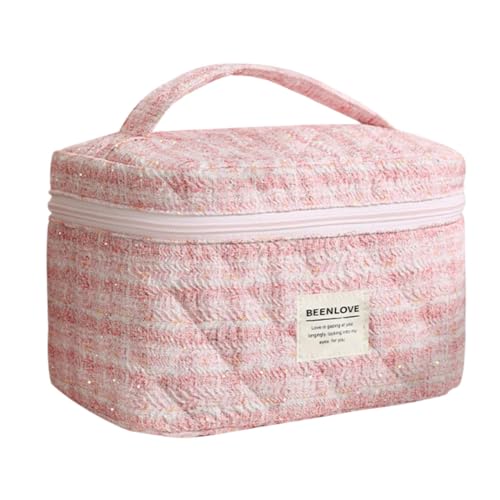 FunBlast Travel Makeup Bag for Women – Cute Cotton Cosmetic Toiletry Organizer, Large Capacity Zipper Pouch, Handheld Portable Storage Bag for Daily Use & Travel (Pink) - Image 1