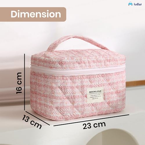 FunBlast Travel Makeup Bag for Women – Cute Cotton Cosmetic Toiletry Organizer, Large Capacity Zipper Pouch, Handheld Portable Storage Bag for Daily Use & Travel (Pink) - Image 3