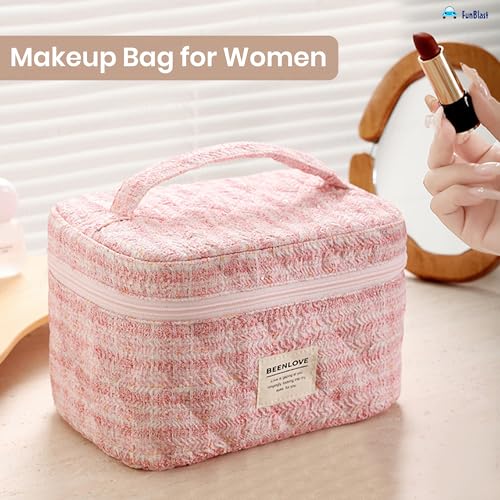 FunBlast Travel Makeup Bag for Women – Cute Cotton Cosmetic Toiletry Organizer, Large Capacity Zipper Pouch, Handheld Portable Storage Bag for Daily Use & Travel (Pink) - Image 2