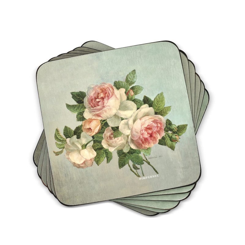 Pimpernel Antique Roses Collection Coasters | Set of 6 | Cork Backed Board | Heat and Stain Resistant | Drinks Coaster for Tabletop Protection | Measures 4” x 4” - Image 1