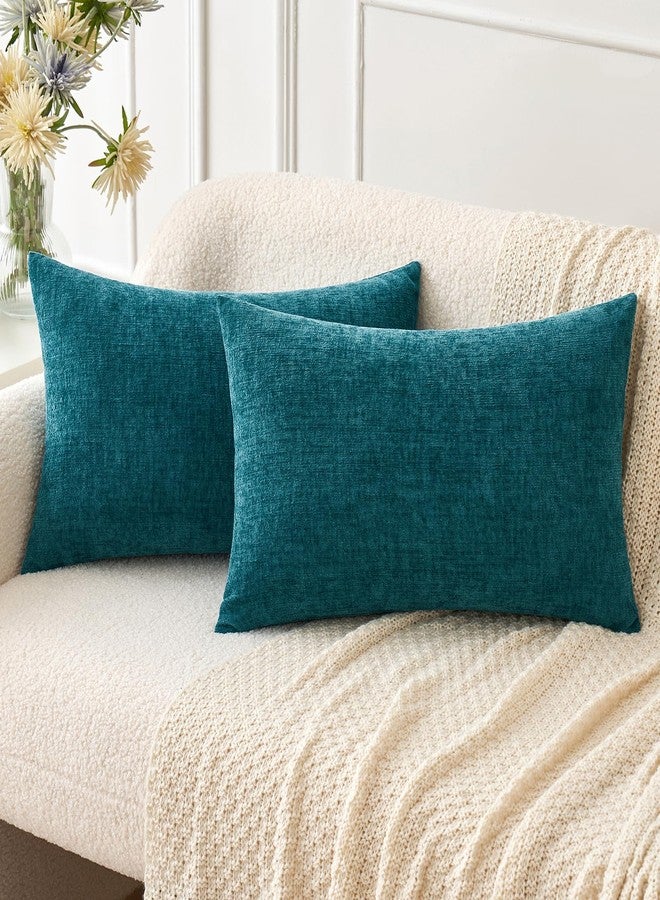 MIULEE Pack of 2 Dark Teal Throw Pillow Covers 12x20 Inch Soft Chenille Pillow Covers for Sofa Living Room Couch Solid Dyed Cases - Image 1