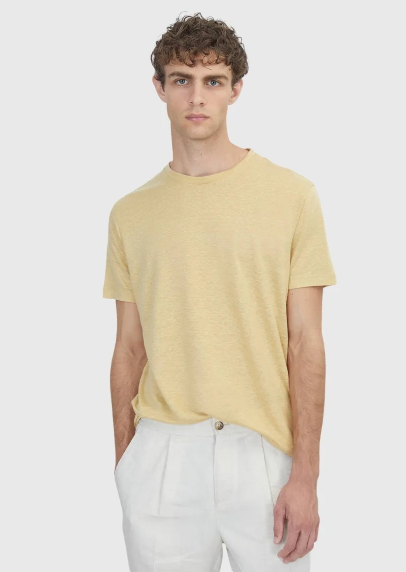 RAMSEY Light Yellow Plain 100% Linen T-Shirt