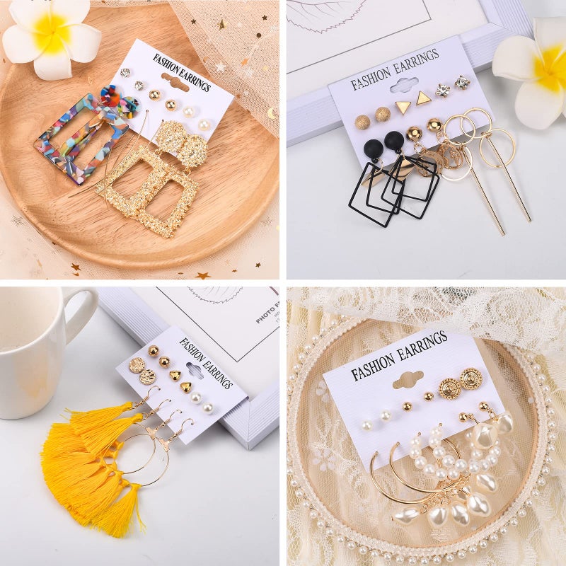 JMScape 53 Pairs Earrings Set for Women, Fashion Acrylic Tassel Gold Hoop Earrings Multipack Statement Pearl Earring Stud Pack, Hypoallergenic Drop Dangle Earrings for Valentine's Day Gift - Image 4