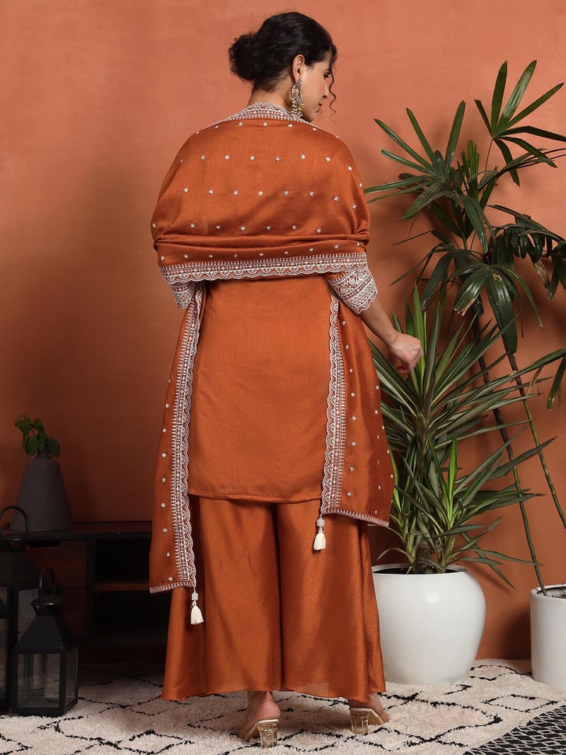 SHOPPING QUEEN Women's Silk Blend Embroidered Kurta and Palazzo Set (A587_Burnt Orange_XL) - Image 2