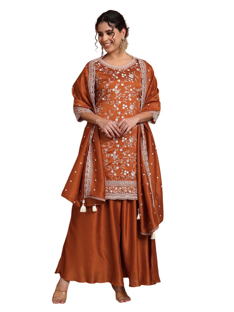 SHOPPING QUEEN Women's Silk Blend Embroidered Kurta and Palazzo Set (A587_Burnt Orange_XL) - Image 1