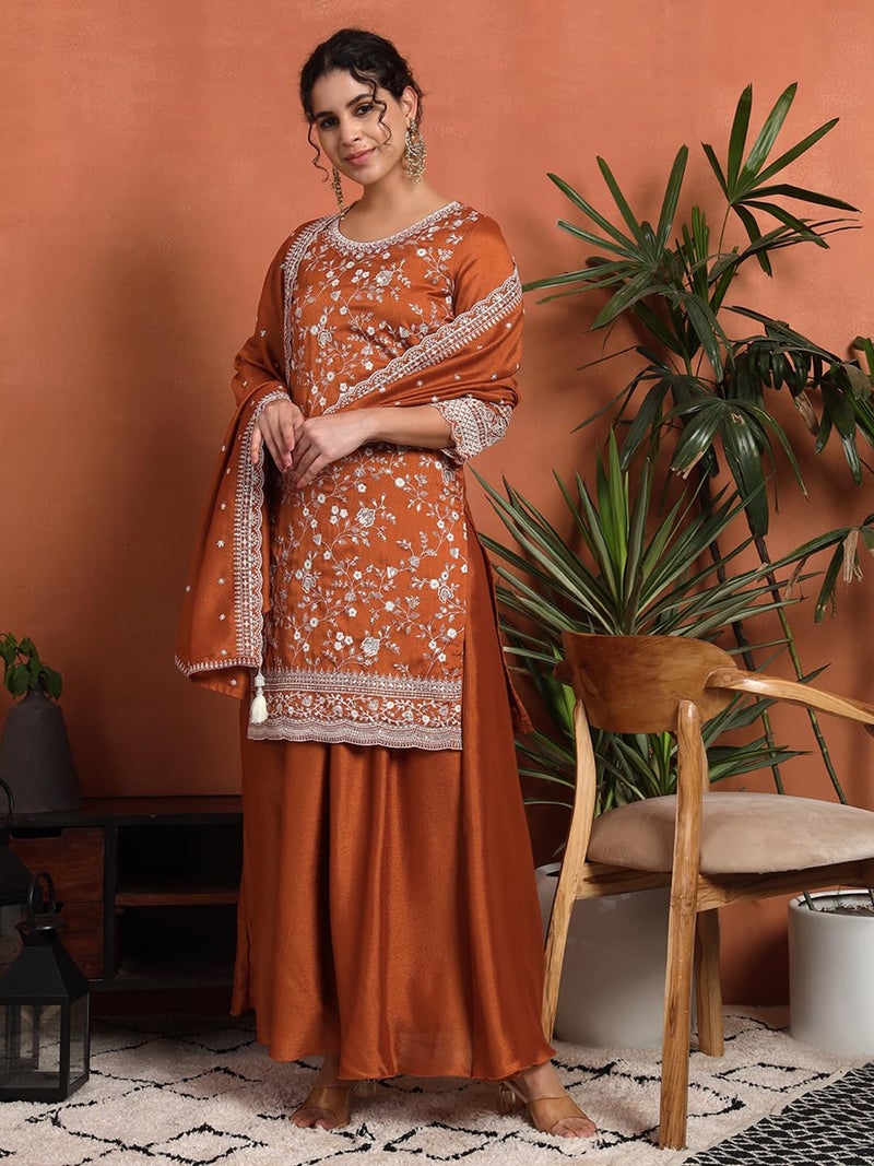 SHOPPING QUEEN Women's Silk Blend Embroidered Kurta and Palazzo Set (A587_Burnt Orange_XL) - Image 3