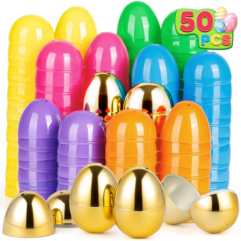 BAYSING 50PCS Plastic Easter Eggs Bulk, with 8PCS Golden Eggs Bulk Empty Plastic Eggs Fillable Colorful Bright Eggshell Bulks Easter Party Favor,Perfect for Easter Hunt, Basket Stuffers Fillers - Image 1