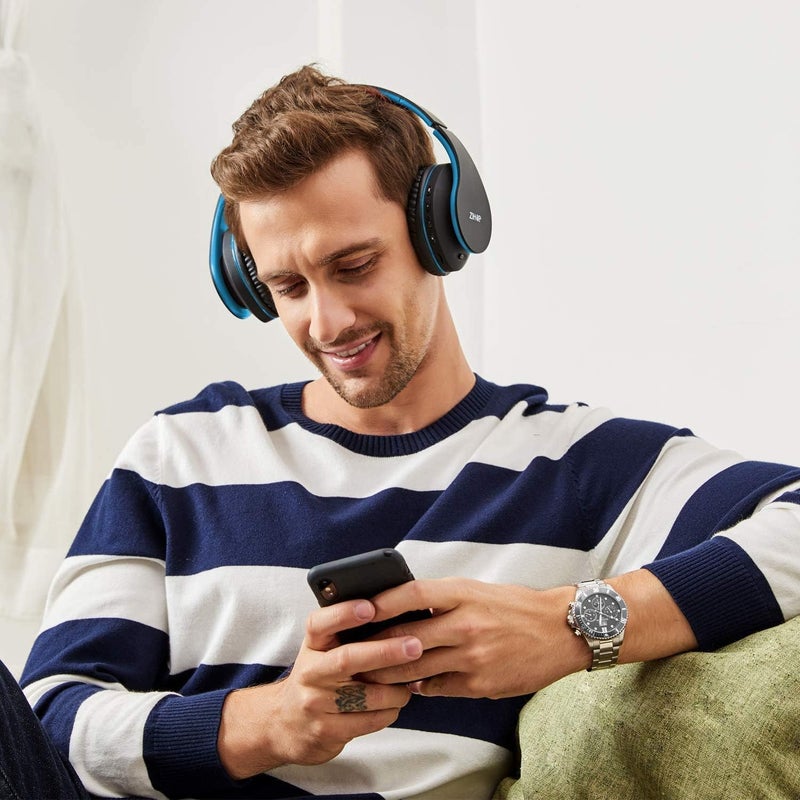 ZIHNIC سماعات زينك بلوتوث، قابلة للطي، سماعة ستيريو لاسلكية وسلكية مع بطاقة ميكرو SD/TF، راديو FM للهاتف المحمول، الكمبيوتر، وسائد أذن ناعمة وخفيفة الوزن للاستخدام المطول (أسود/أزرق) - Image 3