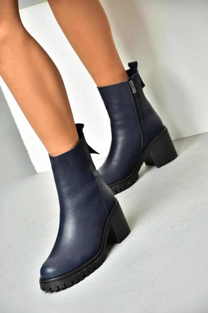 فوكس شوز R654006503 Navy Blue Leather Thick Heel Women's Boots