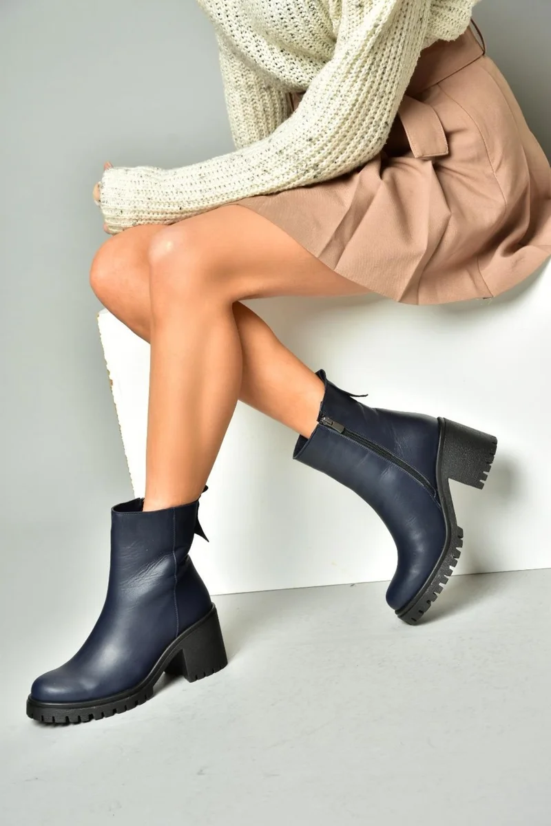 فوكس شوز R654006503 Navy Blue Leather Thick Heel Women's Boots