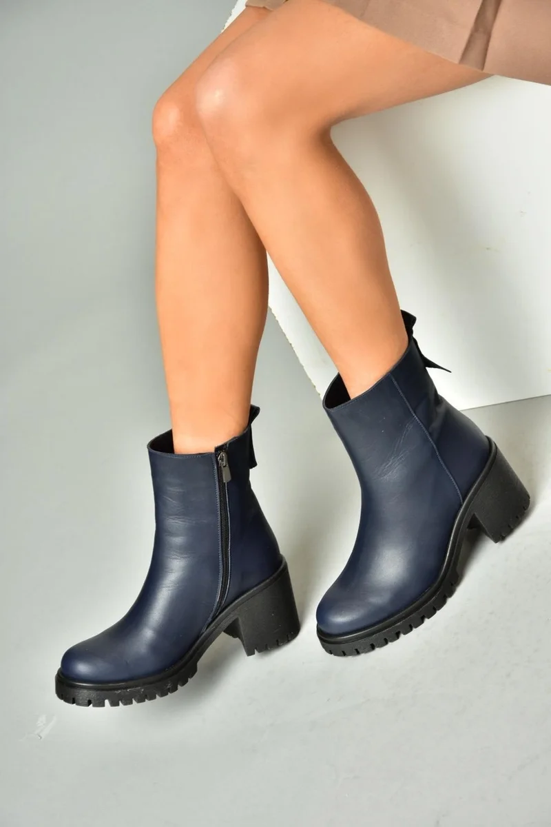 فوكس شوز R654006503 Navy Blue Leather Thick Heel Women's Boots