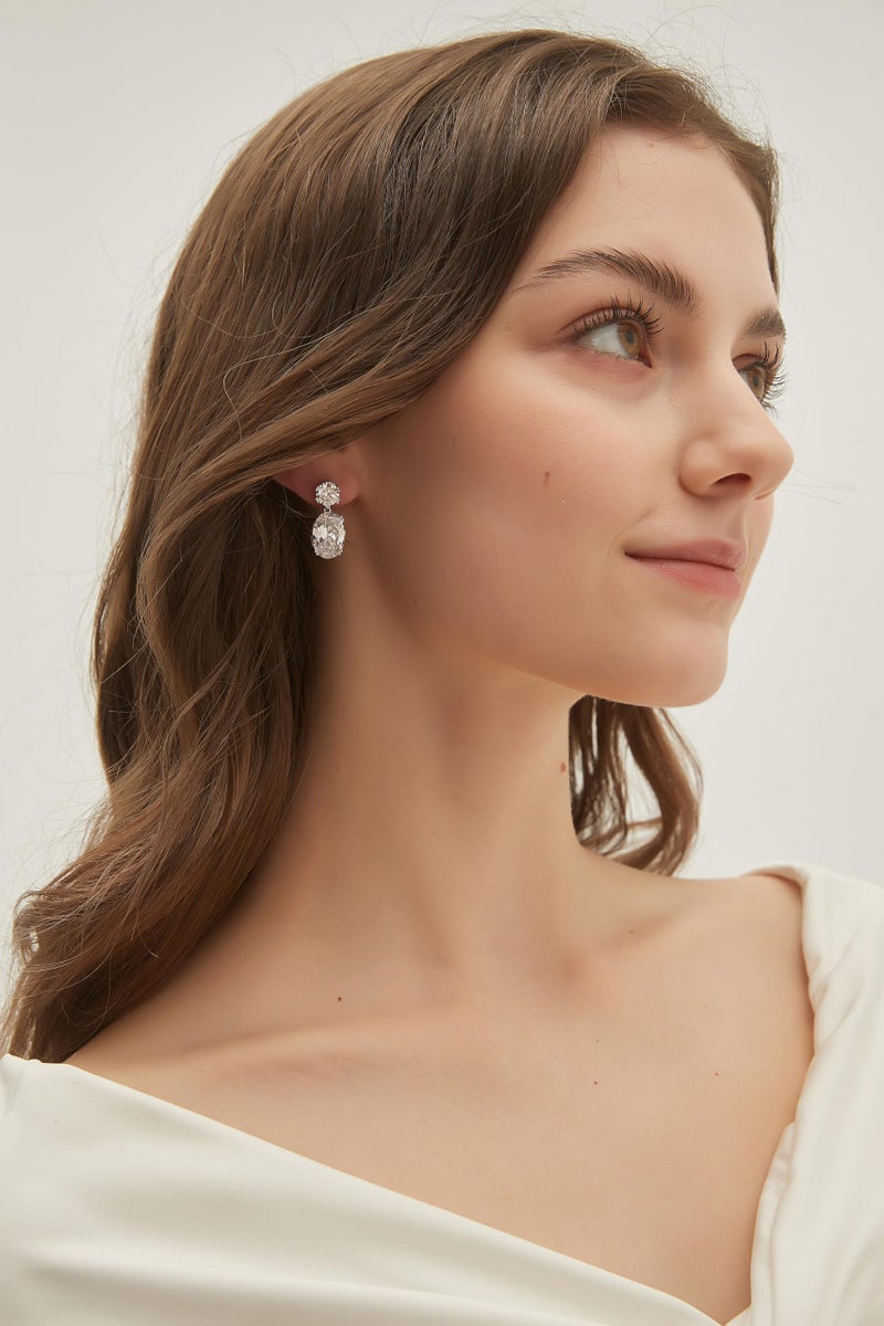 EAMTI Wedding Earrings for Women Cubic Zirconia Dangle Bridal Earrings 925 Sterling Silver Post Oval Earring for Prom Bridesmaid - Image 2
