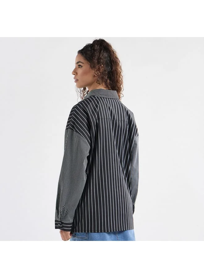 Splash FAV Relaxed Fit Striped Collared Shirt with Chest Pocket and Long Sleeves
