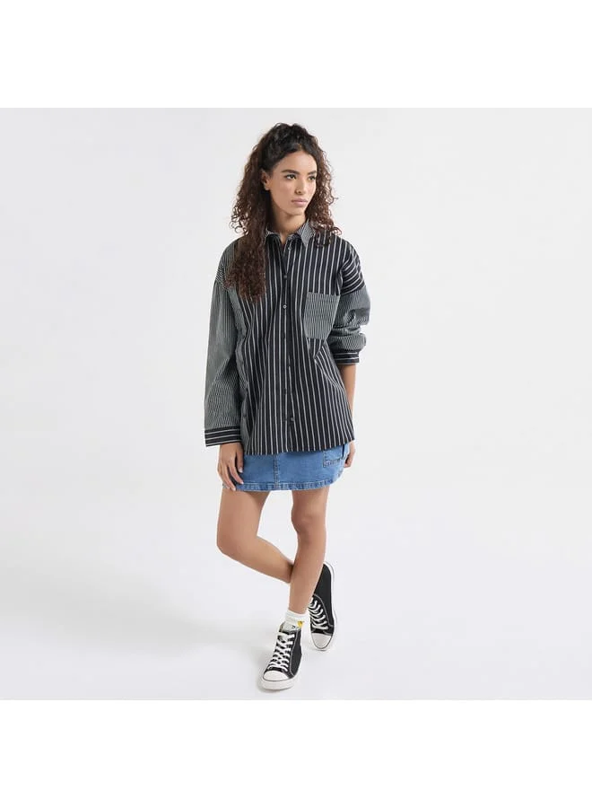 Splash FAV Relaxed Fit Striped Collared Shirt with Chest Pocket and Long Sleeves