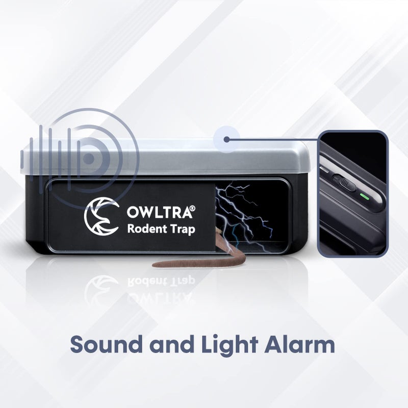 OWLTRA OW-7 in-/Outdoor Electric Rodent Trap, Instant Kill Mouse & Rat Zapper with Waterproof Cover, Sound & Light Alarm, and Batteries or USB Power Source, Waterproof Grade IPX4, Black - Image 4