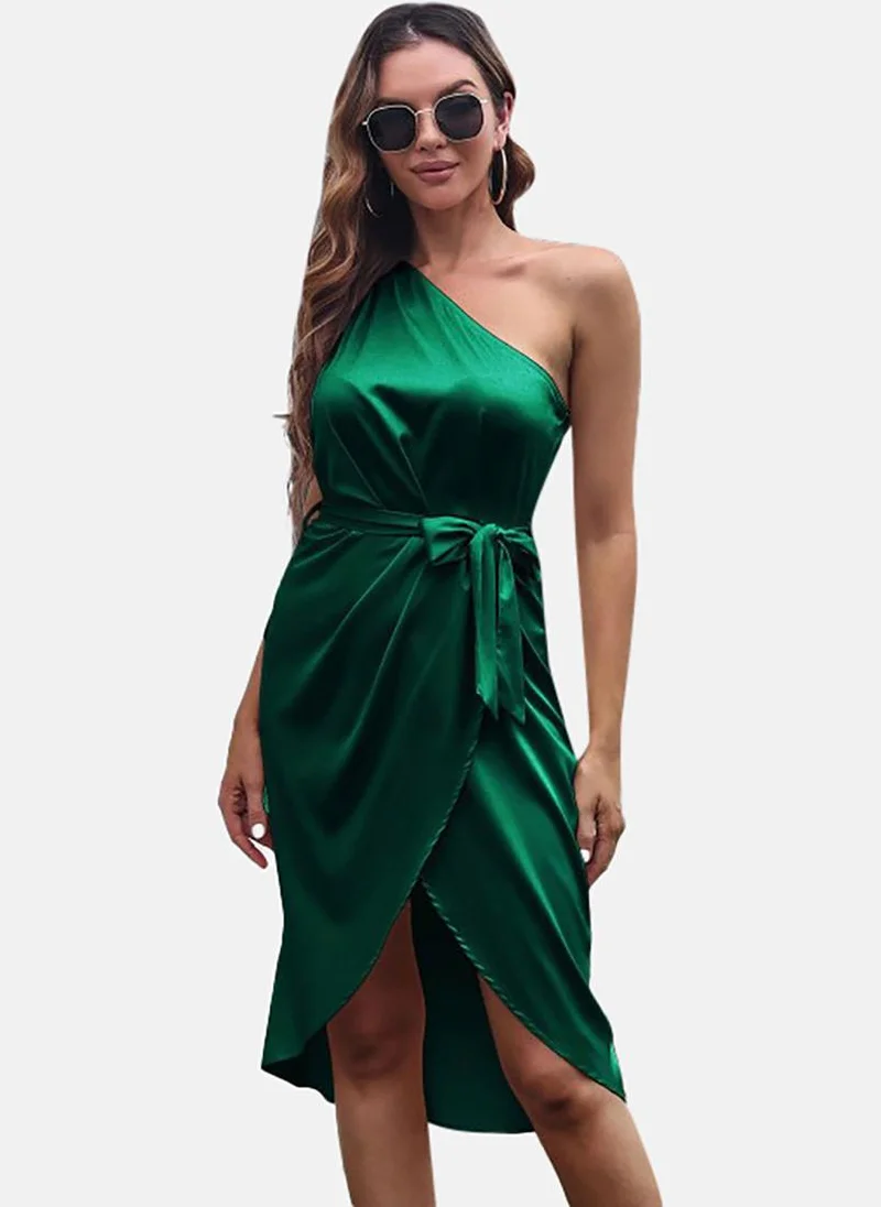 YUNIQEE Green One Shoulder Sheath Midi Dress