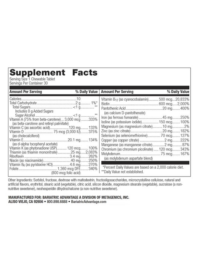 Bariatric Advantage Chewable Ultra Solo with Iron Daily Multivitamin for Gastric Bypass Surgery and Sleeve Gastrectomy Patients, Includes Vitamin B12, C, D, K, Thiamin and Copper - Citrus, 30 Count - Image 2