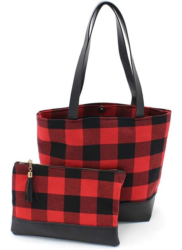 LO LORD LO Buffalo Plaid Tote Bag Clutch Bag for womens with Buffalo Makeup Cosmetic Bag Claus tote Set red & black buffalo plaid 
