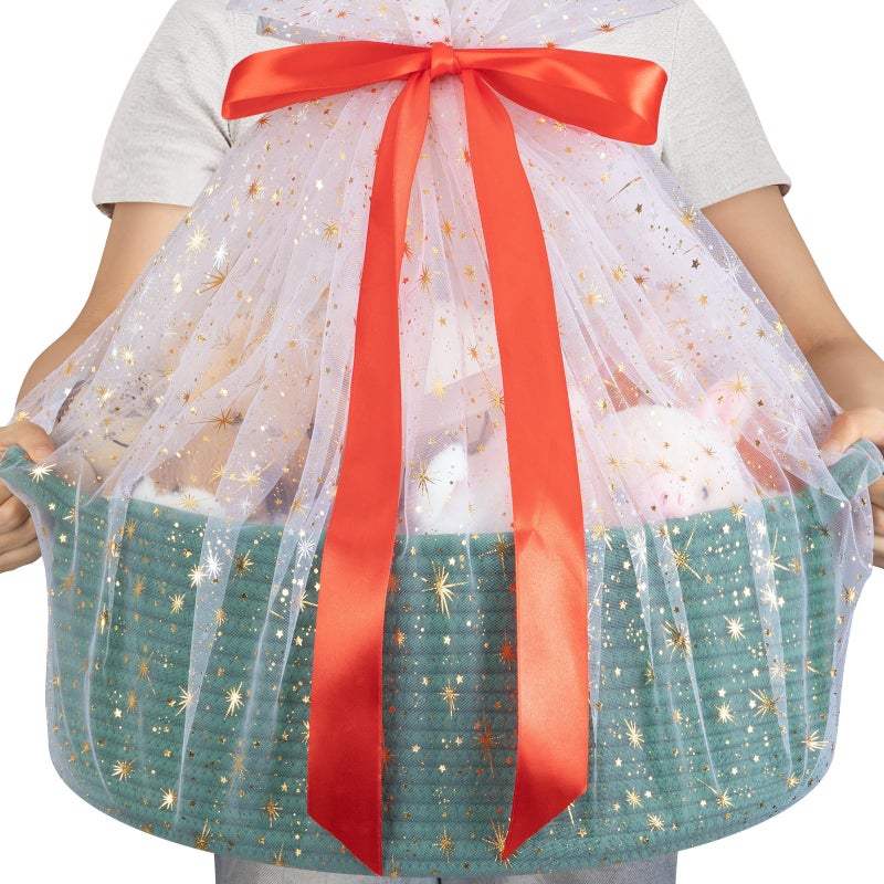 OIAHOMY Large Gift Basket Empty 17" x 12.6" x 7", Storage Basket with Gift Bag, Ribbon and Glitter Tulle for DIY Anytime, Toy Storage for Kids, Dogs with Handles in A Stylish Design - Green - Image 1