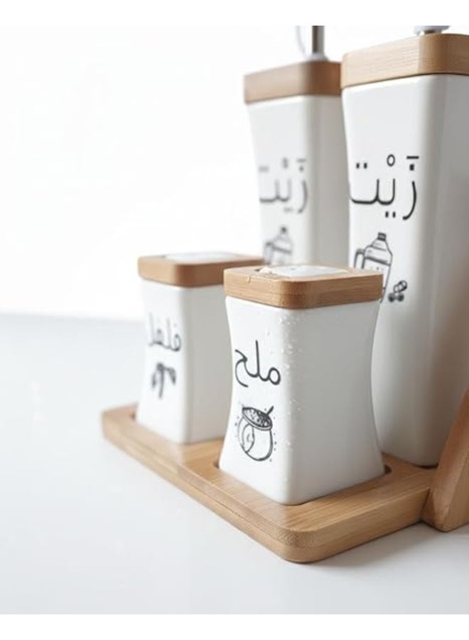 Spaceshoop White Modern Ceramic Oil and Vinegar Dispenser Set with Salt and Pepper Shakers 4 Pcs Set with Bamboo Stand - Image 3