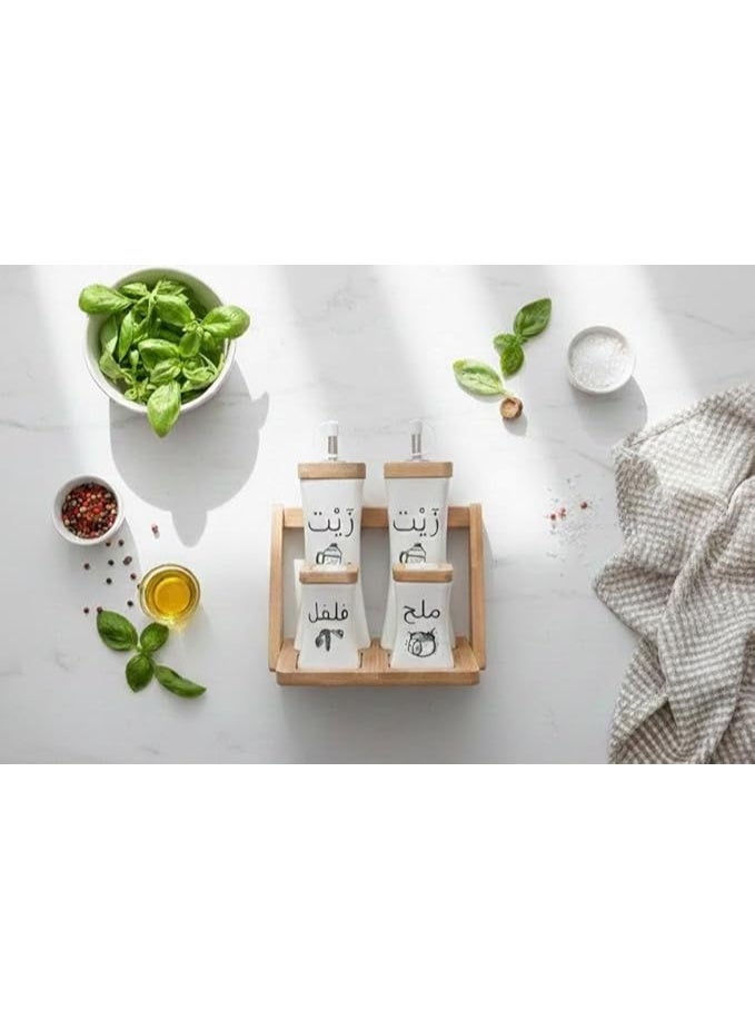 Spaceshoop White Modern Ceramic Oil and Vinegar Dispenser Set with Salt and Pepper Shakers 4 Pcs Set with Bamboo Stand - Image 4