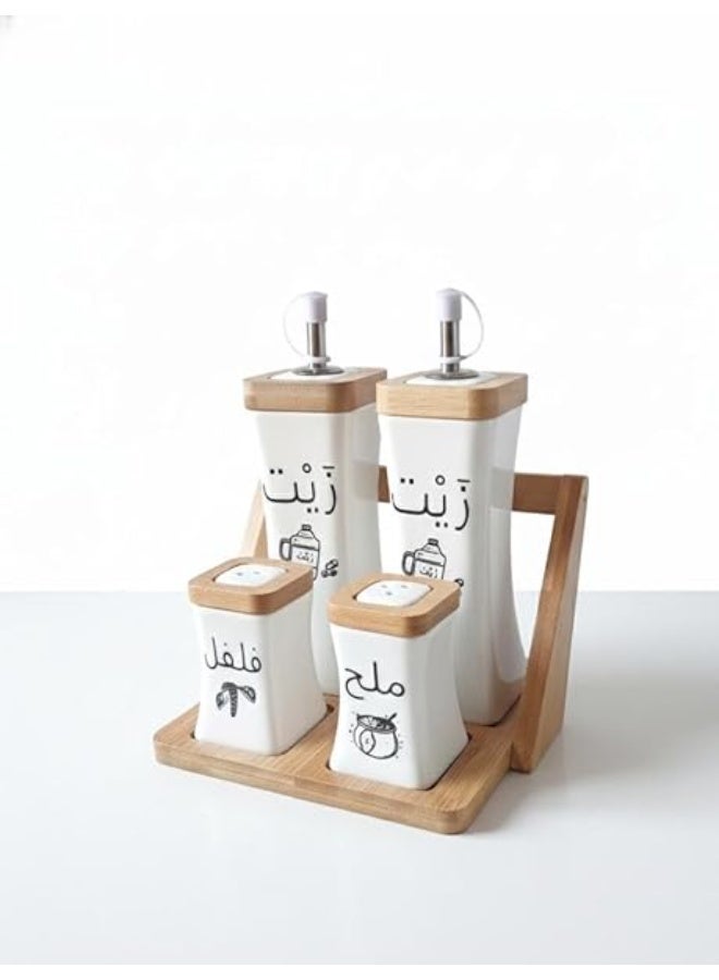 Spaceshoop White Modern Ceramic Oil and Vinegar Dispenser Set with Salt and Pepper Shakers 4 Pcs Set with Bamboo Stand - Image 1