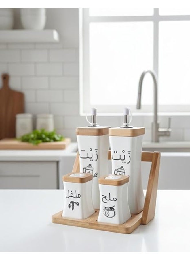 Spaceshoop White Modern Ceramic Oil and Vinegar Dispenser Set with Salt and Pepper Shakers 4 Pcs Set with Bamboo Stand - Image 2