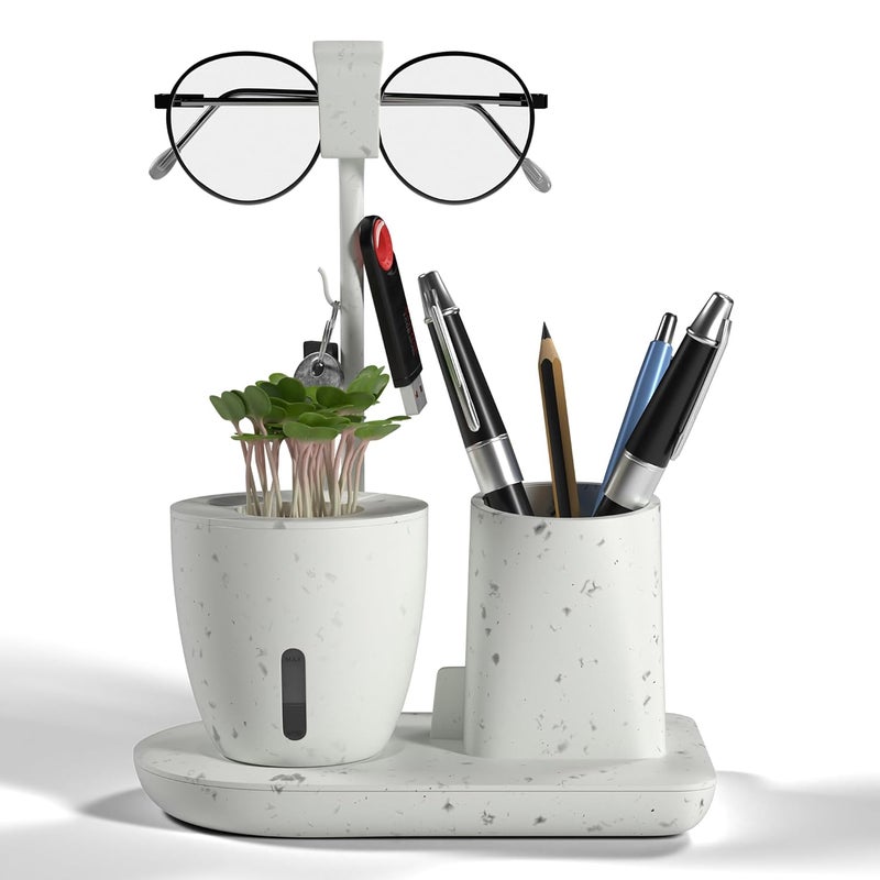 EO Pen Stand for Study Table with Self-Watering Plant Pot, Glasses & Smartphone Holder – Desk Organizer & Pencil Holder for Office, Home, Kids, Students, Study Room Desk Station White - Image 1