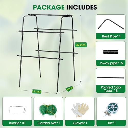 MQUPIN Cucumber Trellis for Raised Bed and Garden, 47" H x 31" W U-Shaped Metal Garden Trellis for Climbing Plants with Nylon Netting, Vegetable Support Frame - Image 2