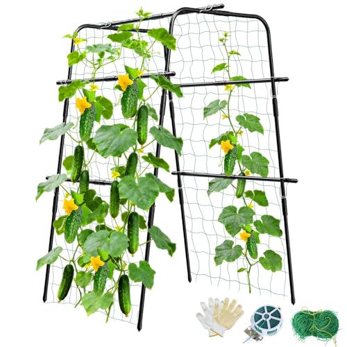 MQUPIN Cucumber Trellis for Raised Bed and Garden, 47" H x 31" W U-Shaped Metal Garden Trellis for Climbing Plants with Nylon Netting, Vegetable Support Frame - Image 1