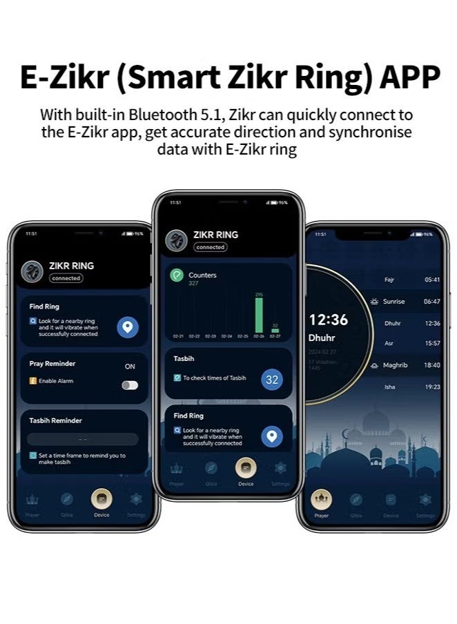 خاتم ذكي جديد 2025 Tasbih Zikr يدعم تطبيق المسلمين عداد الصلاة الرقمي يتضمن 3 أحجام متوافقة (18 مم / 20 مم / 22 مم) - أسود - Image 4