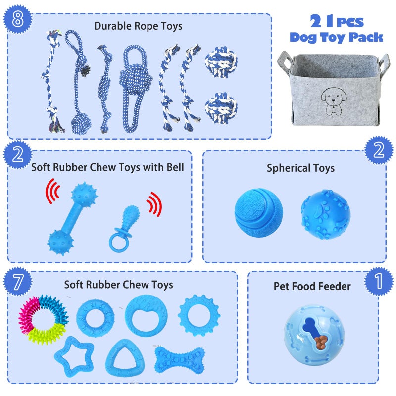 MRSOHRET 21Pcs Puppy Chew Toys - Blue Series Puppy Chew Toys Bundle for Teething, Puppies Teething Toys with Durable Rope Rubber Ball Ring, Pet Interactive Toys for Small Medium Dogs with Basket - Image 2
