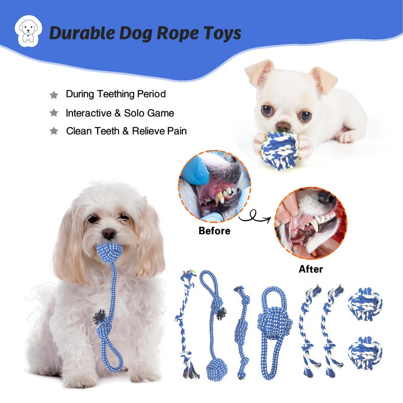 MRSOHRET 21Pcs Puppy Chew Toys - Blue Series Puppy Chew Toys Bundle for Teething, Puppies Teething Toys with Durable Rope Rubber Ball Ring, Pet Interactive Toys for Small Medium Dogs with Basket - Image 4