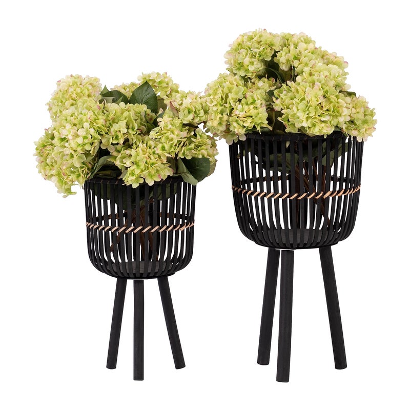 Sagebrook Home Sagebrook Home Bamboo Wood  Metal Planters  Indoor  Outdoor Decorative Plant Stands Modern Boho Flower Pots for Home  Garden Set of 2 10  12 Black 