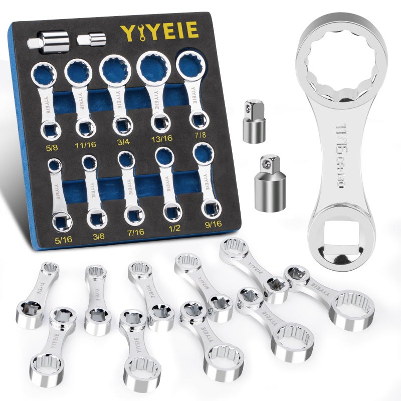 YIYEIE مجموعة محولات عزم الدوران YIYEIE 12 قطعة SAE، 5/16"، 3/8"، 7/16"، 1/2"، 9/16"، 5/8"، 11/16"، 3/4"، 13/16"، 7/8"، محول عزم الدوران 3/8"، محول موسع لعزم الدوران 12 نقطة مع محول 1/2" + 1/4" - Image 1
