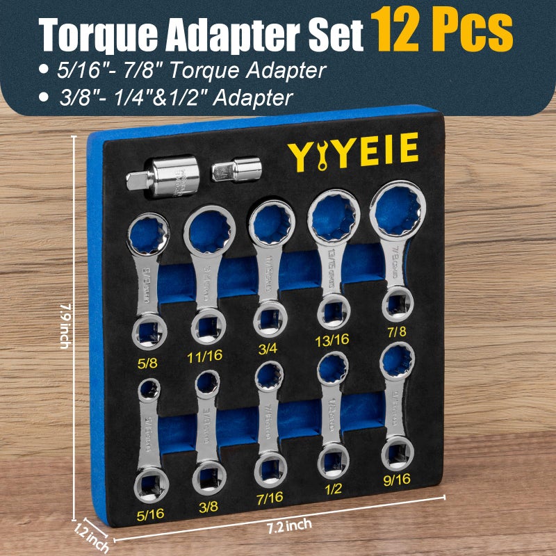 YIYEIE مجموعة محولات عزم الدوران YIYEIE 12 قطعة SAE، 5/16"، 3/8"، 7/16"، 1/2"، 9/16"، 5/8"، 11/16"، 3/4"، 13/16"، 7/8"، محول عزم الدوران 3/8"، محول موسع لعزم الدوران 12 نقطة مع محول 1/2" + 1/4" - Image 3