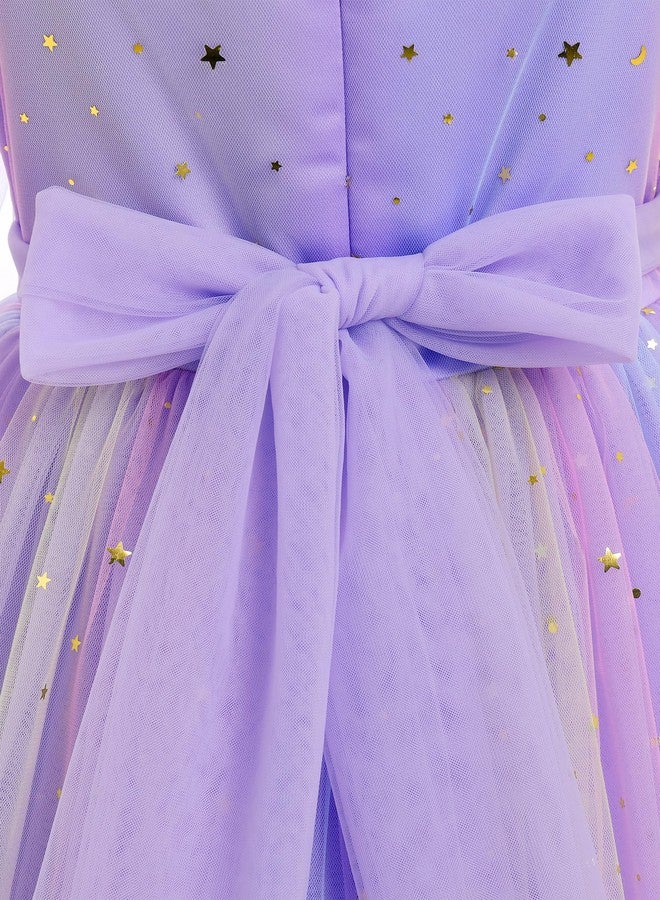 ODOLDI Kids Girls Birthday Party Long Sleeve Star Glitters Tulle Tutu Dress 3D Butterfly Star Sequins Ruffle Dress, Purple Star Gradient, 3-4 Years - Image 4