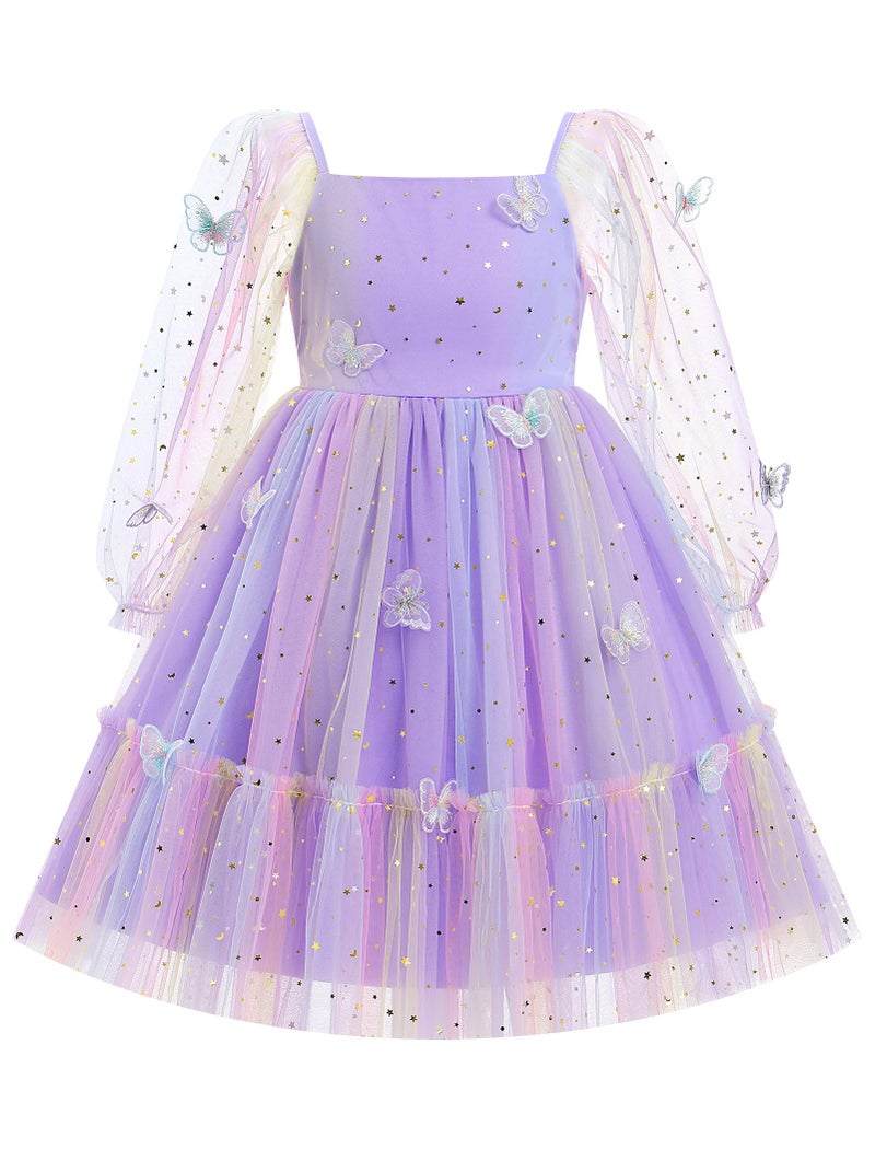 ODOLDI Kids Girls Birthday Party Long Sleeve Star Glitters Tulle Tutu Dress 3D Butterfly Star Sequins Ruffle Dress, Purple Star Gradient, 3-4 Years - Image 1