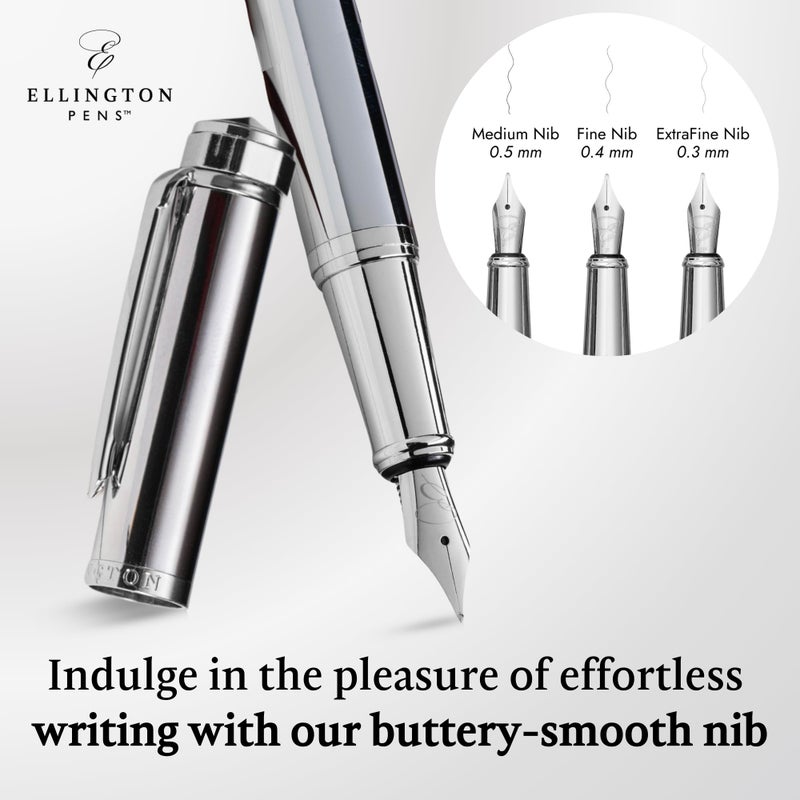 Ellington Pens مجموعة أقلام إلينغتون الفاخرة - قلم حبر سائل برأس متوسط ناعم - تشمل 3 خراطيش حبر، محول حبر قابل لإعادة التعبئة، صندوق هدايا - أقلام حبر للكتابة، الخط، التدوين، الرسم (سوناتا فضية) - Image 5