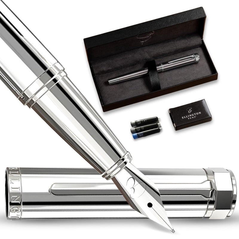 Ellington Pens مجموعة أقلام إلينغتون الفاخرة - قلم حبر سائل برأس متوسط ناعم - تشمل 3 خراطيش حبر، محول حبر قابل لإعادة التعبئة، صندوق هدايا - أقلام حبر للكتابة، الخط، التدوين، الرسم (سوناتا فضية) - Image 1