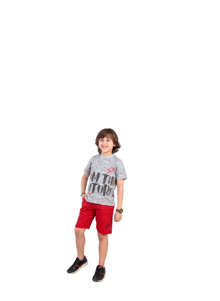 A boys' set with a gray formal T-shirt and red shorts - Image 1