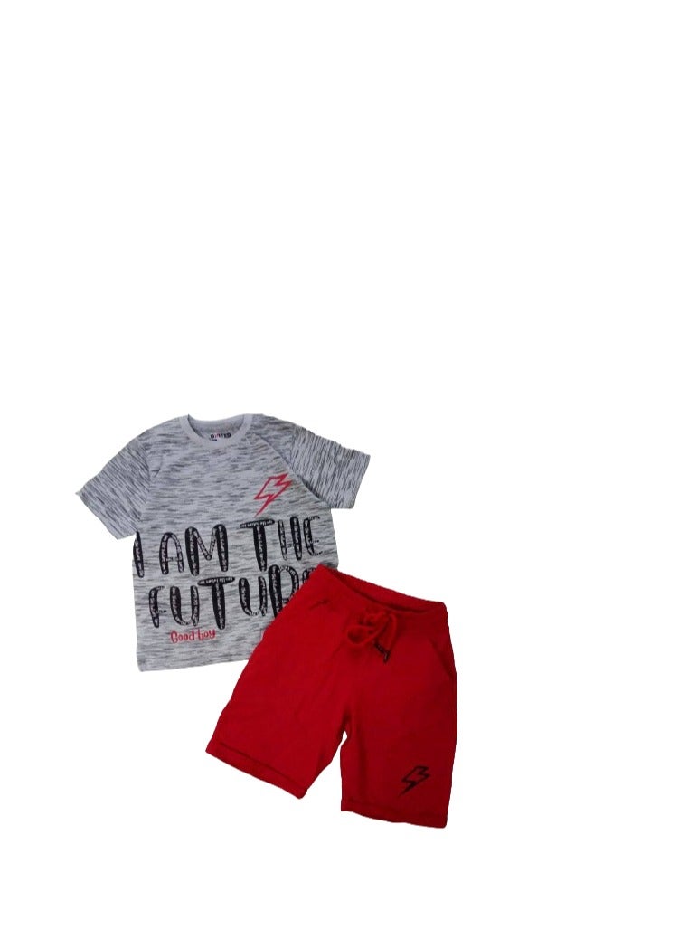 A boys' set with a gray formal T-shirt and red shorts - Image 2